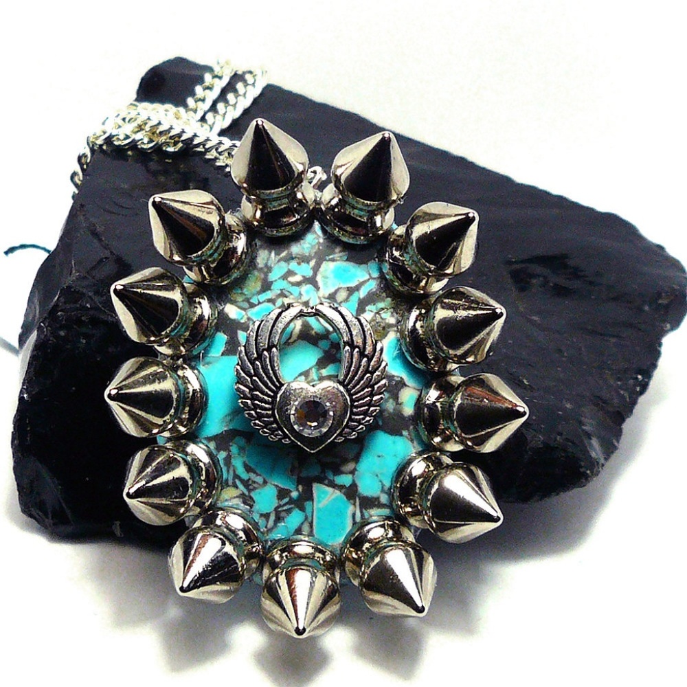 Silver & Turquoise Spiked Winged Heart Necklace